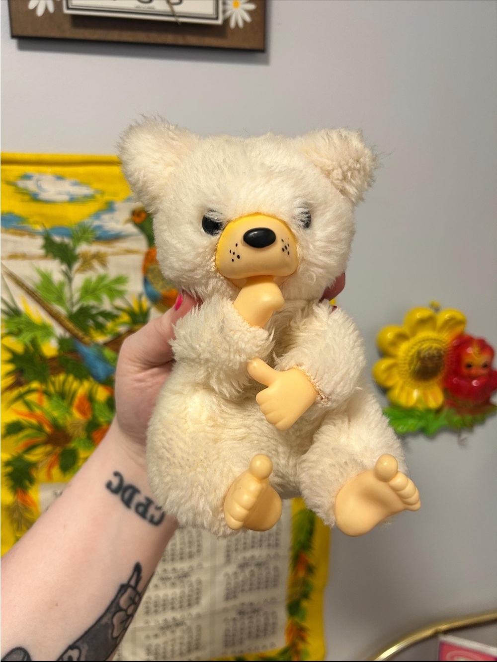 Vintage Beige Cream Thumbsucker Bear Plush Toy